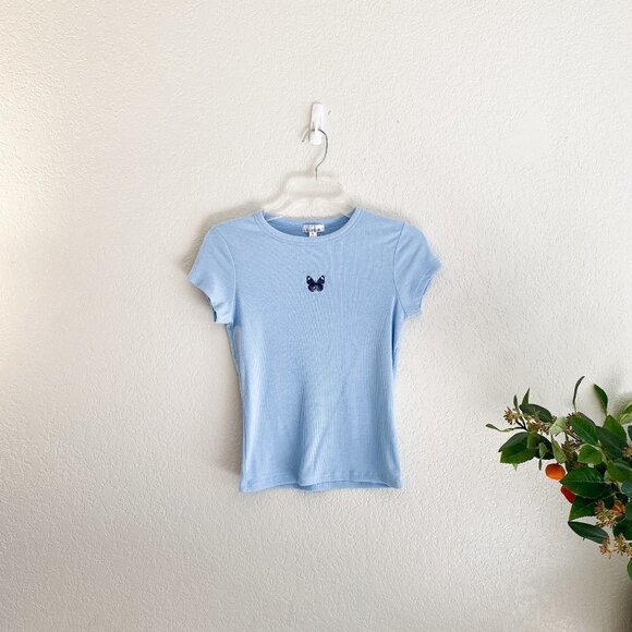🦋 BELLE TWEED Y2K Ribbed Butterfly Embroidered Blue Baby Tee - Picture 1 of 5